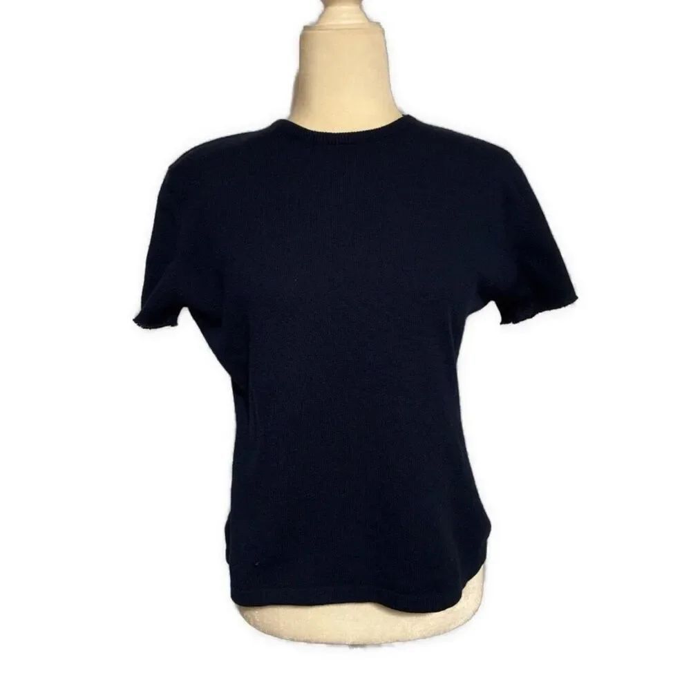 wendy b 100% cashmere crew neck short sleeve solid navy blue sweater Medium